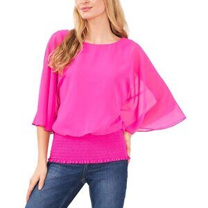 Sam And Jess Blouse Womens Size S Pink Chiffon Kimono Sleeve Smocked Hem $59